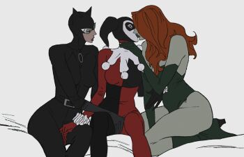 Rule 34 | 3girls, batman (series), belt, black bodysuit, bodysuit, brown hair, catwoman, cbb (tuucoo), closed eyes, commentary request, dc comics, eye mask, fff threesome, green leotard, green lips, groping, group sex, harlequin, harley quinn, harley quinn (classic), hat, highres, jester, jester cap, jester costume, kiss, leaf leotard, leather suit, leotard, long hair, mask, multicolored bodysuit, multiple girls, poison ivy, simple background, threesome, two-tone bodysuit, white facepaint, yuri