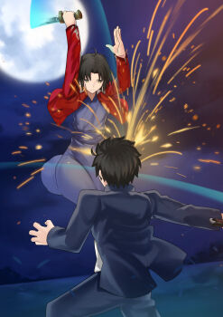 1boy 1girl absurdres ahoge battle black_hair blue_kimono cloud cloudy_sky field fighting fighting_stance floating_clothes floating_hair full_moon highres holding holding_knife jacket japanese_clothes kara_no_kyoukai kimono knife melty_blood moon name_connection nanatsu-yoru night open_clothes open_jacket outdoors red_jacket ryougi_shiki school_uniform shirt sky slashing souya_high_school_uniform tohno_shiki trait_connection tsukihime tsukihime_(remake) white_shirt xiaoqi11055