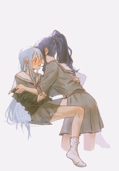 2girls asahina_mafuyu black_cardigan blue_hair blush cardigan commentary ear_blush english_commentary grey_background grey_shirt grey_skirt hand_on_another&#039;s_waist highres long_hair multiple_girls neckerchief parted_lips pleated_skirt ponytail project_sekai purple_hair red_neckerchief rockdrop sailor_collar shirt simple_background skirt socks white_sailor_collar white_socks yoisaki_kanade yuri