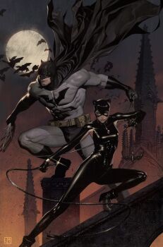 1boy 1girl bat_(animal) batman batman_(series) black_bodysuit black_boots black_cape black_gloves black_male_underwear bodysuit boots building cape catwoman dc_comics full_moon gloves grey_bodysuit highres jorge_molina looking_at_viewer male_underwear moon night outdoors selina_kyle underwear
