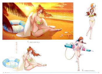 1girl absurdres alternate_costume alternate_hairstyle arms_up bare_arms bare_shoulders beach bikini bleach bleach:_brave_souls bra breasts brown_eyes cleavage cloud evening facing_viewer floating_hair flower full_body hair_flower hair_ornament hand_up happy high_ponytail highres holding holding_towel innertube inoue_orihime jumping large_breasts long_hair looking_at_viewer looking_back navel non-web_source ocean official_alternate_costume official_alternate_hairstyle official_art open_mouth orange_hair orange_sky outdoors oversized_object panties ponytail sand sandals scan shadow shell shells side-tie_panties sitting sky smile solo sparkle standing standing_on_one_leg sun sunset swim_ring swimsuit teeth tongue towel translation_request underwear water water_gun white_bikini wide_hips