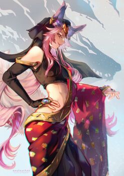 Rule 34 | 1girl, absurdres, animal ear fluff, animal ears, bare shoulders, black sleeves, breasts, circlet, crop top, detached sleeves, ear ornament, fate/grand order, fate (series), fox ears, fox tail, glasses, groin, hand on own hip, highres, indian clothes, jewelry, koyanskaya (fate), koyanskaya (indian lostbelt outfit) (fate), long hair, medium breasts, navel, pink hair, pink tail, sidelocks, smile, solo, stomach, tail, washuu, yellow eyes