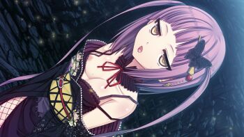 Rule 34 | 1girl, aged down, areola slip, bare shoulders, black lips, blush, breasts, butterfly hair ornament, chestnut mouth, choker, cleavage, collarbone, cross-laced clothes, cura, dutch angle, eyebrows, eyelashes, eyes visible through hair, female focus, fireflies, fishnet thighhighs, fishnets, flat (company), floral print, frilled choker, frills, game cg, hair ornament, highres, japanese clothes, kanzashi, kimono, lace, lace-trimmed kimono, lace trim, legs, lipstick, long sleeves, looking at viewer, makeup, monobeno, neck ribbon, night, nipple slip, nipples, off shoulder, open mouth, outdoors, parted lips, purple hair, red ribbon, ribbon, short hair, short hair with long locks, small breasts, solo, spaghetti strap, standing, strap gap, strap slip, sweat, takijorou, teeth, thighhighs, thighs, twintails, two side up, unmoving pattern, yellow eyes