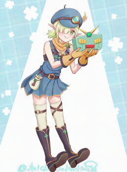 1girl aoi_(mechanic)_(princess_connect!) aoi_(princess_connect!) artist_name belt black_boots blonde_hair blue_background blue_hat blue_overalls blush boots brown_gloves chokomin closed_mouth clover commentary_request cosplay elf four-leaf_clover full_body gloves goggles green_eyes green_hair hair_over_one_eye hat hat_feather highres holding knee_boots looking_at_viewer multicolored_hair overalls pointy_ears pouch princess_connect! robot scarf short_hair sleeveless smile solo thigh_strap thighhighs twitter_username white_thighhighs yellow_gloves