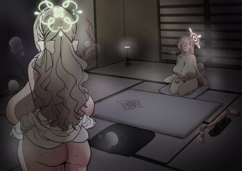 2girls ahoge ass backboob bed blue_archive bow breasts breasts_on_lap brown_hair butt_crack dildo faceless from_behind hair_bow halo hanako_(blue_archive) huge_breasts japanese_house long_hair lube_bottle miyo_(blue_archive) multiple_girls naked_shirt nipples panties pink_hair pink_panties removing_shirt rugarer sagging_breasts seiza sex_toy shirt sitting standing suisogenshi sweat tatami tissue_box topless_female underwear undressing wavy_hair white_bow white_shirt yuri