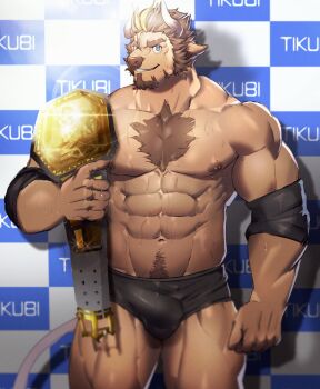 1boy abs absurdres bara belt bulge championship_belt chest_hair commentary_request furry furry_male highres horns large_pectorals looking_at_viewer male_focus mature_male muscular muscular_male navel neumo nipples original pectorals smile solo stomach topless_male wrestler