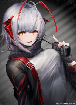 1girl arknights black_gloves black_jacket breasts dqn_(dqnww) fingerless_gloves gloves grey_hair holding horns jacket large_breasts looking_at_viewer open_clothes open_jacket red_eyes shirt short_hair smile solo w_(arknights)