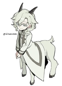 1boy artist_name braid centaur chaldea_logo commentary fate/grand_order fate_(series) full_body furrification furry goat_horns hair_between_eyes high_collar highres hooves horns light_smile long_hair long_sleeves marisbury_animusphere own_hands_together robe shiramaroa side_braid solo taur twitter_username wavy_hair white_robe