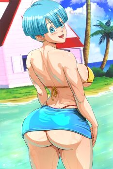 1girl aqua_eyes ass beach bikini bikini_top_only blue_eyes blue_hair blue_skirt blush bowl_cut breasts bulma cloud coconut_tree cowboy_shot curvy day dragon_ball dragonball_z dutch_angle earrings from_behind highleg highleg_bikini house huge_ass island jewelry kame_house krabbytheartist large_breasts looking_at_viewer looking_back matching_hair/eyes mature_female medium_breasts microskirt ocean outdoors palm_tree panties pencil_skirt red_bikini red_panties shiny_skin short_hair sideboob skirt sky smile solo standing strapless strapless_bikini swimsuit thighs tree underboob underwear upper_body wet whale_tail_(clothing) yellow_bikini