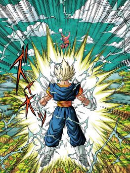 Rule 34 | 2boys, absurdres, aura, blonde hair, blue pants, blue shirt, boots, commentary request, dougi, dragon ball, dragonball z, electricity, full body, gloves, highres, hiro (udkod1ezlyi2flo), majin buu, male focus, medium hair, midair, motion lines, multiple boys, orange sash, orange shirt, pants, powering up, shirt, solo focus, sound effects, speed lines, spiked hair, super buu, super saiyan, super saiyan 1, vegetto, white boots, white gloves