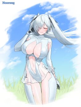 1girl armpit_cutout blush bodysuit breasts cinderella_(nikke) cleavage closed_eyes closed_mouth clothing_cutout eyewear_hang gloves goddess_of_victory:_nikke hair_over_one_eye highres large_breasts leg_cutout long_hair navel navel_cutout noorung one_eye_covered see-through_bodysuit see-through_clothes see-through_skirt skirt smile solo stomach_cutout twintails unworn_eyewear very_long_hair white_bodysuit white_hair