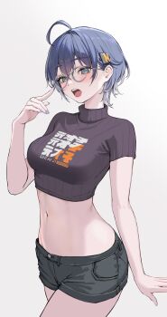 10_plus 1girl adjusting_eyewear ahoge belle_(zenless_zone_zero) black_shirt black_shorts blue_eyes blue_hair blue_nails blush border breasts commentary cowboy_shot crop_top crossed_bangs glasses grey_background hair_between_eyes hair_ornament hand_up highres letter_hair_ornament looking_at_viewer medium_breasts midriff navel open_mouth print_shirt round_eyewear shirt short_hair shorts solo symbol-only_commentary white_border zenless_zone_zero