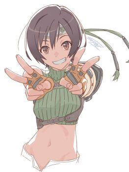 armor brown_eyes crop_top cropped_sweater decoponmagi double_v final_fantasy final_fantasy_vii final_fantasy_vii_remake gloves green_sweater headband highres navel open_fly orange_gloves pauldrons shoulder_armor simple_background single_pauldron sleeveless sleeveless_turtleneck smile stomach sweater turtleneck upper_body v yuffie_kisaragi