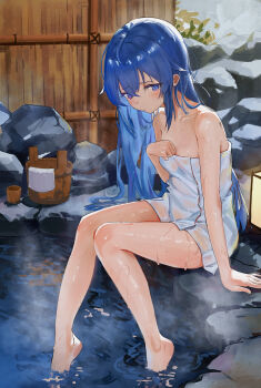 1girl absurdres bare_shoulders barefoot blue_eyes blue_hair blush breasts bucket closed_mouth collarbone commentary crossed_bangs english_commentary feet hair_between_eyes highres knees_together_feet_apart lantern legs long_hair looking_at_viewer mushoku_tensei naked_towel onsen outdoors rock roxy_migurdia see-through_clothes sitting small_breasts soaking_feet solo steam thighs toes towel very_long_hair water wet wet_hair zhi_sheng