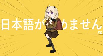 1girl absurdres ahoge backpack bag baguettemeister belt belt_buckle black_belt black_necktie black_shoes blush_stickers brown_hair brown_jacket brown_skirt buckle chibi collared_shirt commentary dress_shirt emphasis_lines girls'_frontline grey_socks hair_between_eyes highres holding holding_instrument instrument jacket kyoufuu_all_back_(vocaloid) looking_at_viewer m3_(girls'_frontline) military_jacket music necktie playing_instrument pleated_skirt purple_eyes randoseru recording shirt shoes simple_background skirt socks solo standing standing_on_one_leg text_background translation_request white_shirt yellow_background