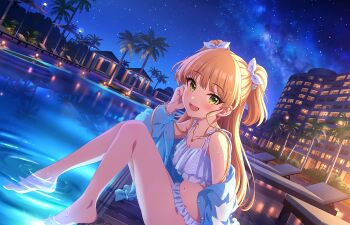 1girl :d barefoot bikini blonde_hair blush bow bracelet breasts dutch_angle eyelashes fangs feet frilled_bikini frills green_eyes hair_bow hair_ornament hair_scrunchie idolmaster idolmaster_cinderella_girls idolmaster_cinderella_girls_starlight_stage jacket jewelry jougasaki_rika knees_together_feet_apart knees_up legs long_hair looking_at_viewer navel night official_art open_clothes open_jacket open_mouth palm_tree poolside reflection reflective_liquid scrunchie sidelocks sitting sky small_breasts smile soaking_feet solo swimsuit tile_floor tiles toes tree two_side_up wet white_bikini white_bow