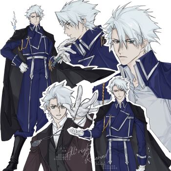 Rule 34 | 1boy, amestris military uniform, black boots, black cape, bleach, blue jacket, blue pants, boots, brown coat, cape, coat, commentary, eyes visible through hair, fullmetal alchemist, gloves, green eyes, grey shirt, hand on own hip, highres, hitsugaya toushirou, hitsugaya toushirou (adult), hitsuran99, holding, holding jewelry, holding necklace, ice, jacket, jewelry, locket, male focus, military uniform, necklace, pants, pendant, shirt, sword, weapon, white gloves, white hair, zanpakutou