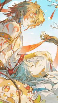 2boys alternate_costume antenna_hair arm_tattoo bare_tree black_choker black_gloves blonde_hair blue_sky braid chest_tattoo chimera_(honkai:_star_rail) chinese_commentary choker closed_eyes commentary_request earrings facial_tattoo fur-trimmed_jacket fur_trim gloves gold_vambraces gradient_hair highres honkai:_star_rail honkai_(series) iron_hailai jacket jewelry lap_pillow male_focus medium_hair multicolored_hair multiple_boys mydei_(fig_stew)_(honkai:_star_rail) mydei_(honkai:_star_rail) pants parted_bangs partially_fingerless_gloves phainon_(honkai:_star_rail) red_hair red_tattoo short_hair side_braid sky snowing tail tail_wagging tassel tassel_earrings tattoo tree white_hair white_pants yaoi yellow_eyes