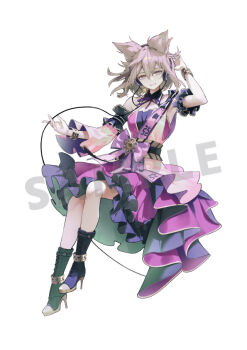 1girl alternate_costume black_socks blonde_hair bracelet breasts commentary_request detached_collar detached_sleeves dress earmuffs friend_characters frilled_dress frills high_heels jewelry looking_at_viewer pointy_hair purple_dress sample_watermark single_detached_sleeve small_breasts smile socks solo strapless strapless_dress syuri22 touhou toyosatomimi_no_miko watermark yellow_eyes