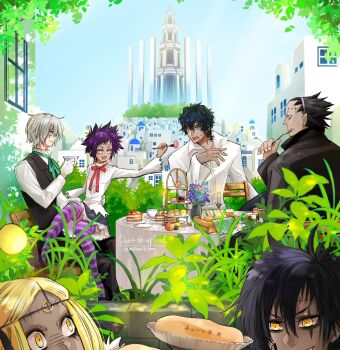 1girl 5boys allen_walker apple asymmetrical_hair basket black_coat black_eyeliner black_hair black_nails black_pants black_shoes black_skirt black_vest blank_eyes blonde_hair blue_eyes blue_flower blue_sky bread building bush cake cake_slice candle candlestand chair cherry cigarette cityscape coat collared_coat collared_shirt collared_vest cookie cup cupcake d.gray-man dark-skinned_female dark-skinned_male dark_skin devit dress_shirt eyeliner facepaint facial_mark flower flower_pot food forehead_mark fork frilled_skirt frills frown fruit gloves green_leaf green_ribbon grey_hair grin hair_between_eyes hair_slicked_back hairband highres holding holding_cigarette holding_cup holding_fork holding_spoon jasdero kozuuu leaf legs long_sleeves looking_at_another looking_at_object makeup mary_janes messy_hair miniskirt mole mole_under_eye multiple_boys noah_(d.gray-man) offering_food on_chair open_mouth palace pants parted_lips pink_flower pink_thighhighs plant plate potted_plant profile purple_flower purple_hair purple_hairband purple_thighhighs red_ribbon ribbon road_kamelot sandwich shirt shoes short_hair sidelocks signature sitting sitting_on_lap sitting_on_person skinn_bolic skirt sky smile smoke spiked_hair spoon stitched_forehead striped_clothes striped_thighhighs sweat sweatdrop table teacup thighhighs thighs tower twitter_username tyki_mikk utensil_in_mouth vest wavy_hair white_gloves white_shirt window wooden_chair yellow_eyes