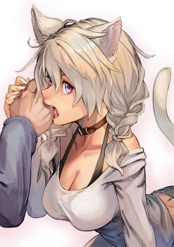 1boy 1girl animal_ears bare_shoulders biting biting_another&#039;s_hand biting_hand black_bra bra braid breasts cat_day cat_ears cat_girl cat_tail choker cleavage clothing_cutout collar collarbone fangs fangs_out fur grey_hair hinoru_saikusa large_breasts leaning_forward long_sleeves medium_hair original purple_eyes shoulder_strap slit_pupils tail twin_braids underwear