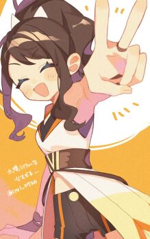 Rule 34 | 1girl, armpits, black sash, black shorts, blush, breasts, brown hair, closed eyes, commentary, dress, facing viewer, high ponytail, highres, hilda (pokemon), hilda (sygna suit) (pokemon), midriff, nintendo, official alternate costume, open mouth, pokemon, pokemon masters ex, ponytail, sash, shorts, sidelocks, sleeveless, smile, sumeragi1101, untranslatable commentary, v, white dress