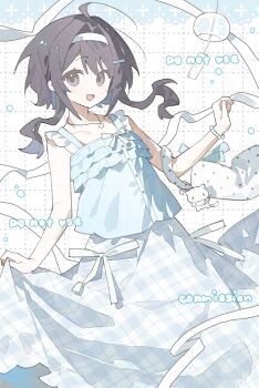 1girl :d ahoge ame_ame bare_shoulders blue_dress bracelet brown_eyes brown_hair collarbone commission cowboy_shot dress grid_background hair_intakes hairband hand_up highres jewelry long_hair looking_at_viewer necklace open_mouth original plaid_clothes plaid_dress sleeveless sleeveless_dress smile solo watermark watermark_grid white_background white_hairband