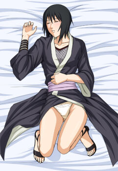 Rule 34 | 1girl, bed, bed sheet, black hair, bow, bow panties, closed eyes, feet, female focus, fishnets, from above, full body, japanese clothes, kimono, lying, naruto (classic), naruto (series), obi, on back, panties, sash, shizune (naruto), short hair, sleeping, solo, tk (tk's level4), toes, underwear, white panties