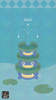 beak blue_skin colored_skin gen_3_pokemon highres lily_pad looking_at_viewer lotad meme_(sleepsheep) nintendo no_humans on_head pokemon pokemon_(creature) pokemon_focus pokemon_on_head ripples stack water