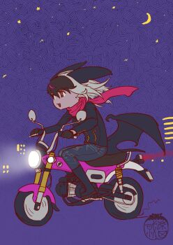 1girl animal_ears bat_ears bat_girl bat_wings boots brown_eyes brown_hair brown_long-eared_bat_(kemono_friends) crescent extra_ears gloves grey_hair jacket kemono_friends kemono_friends_v_project kishida_shiki long_hair motor_vehicle multicolored_hair night night_sky pants scarf simple_background sky solo streaked_hair virtual_youtuber wings