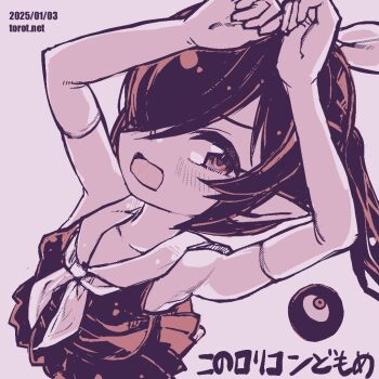 1girl :o arms_up backbeako_(torotei) backbeard blush bow breasts collarbone commentary dated dated_commentary dress elbow_gloves gegege_no_kitarou gloves hair_bow hair_over_one_eye kono_lolicon_domome long_hair looking_at_viewer monochrome neckerchief open_mouth original paid_reward_available pink_background pointy_ears simple_background sleeveless sleeveless_dress small_breasts solo torotei translated twintails watermark web_address