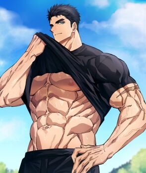 1boy abs bara black_bodysuit black_hair black_shirt black_shorts blue_eyes blue_sky bodysuit closed_mouth clothes_lift cloud domo_(domo_kizusuki) forehead hand_on_own_hip highres kokado_shido_(domo) large_pectorals lifting_own_clothes male_focus muscular muscular_arms muscular_male nipples original pectoral_cleavage pectorals scar scar_on_arm shirt shirt_lift short_hair shorts sideburns sky sweat tree v-taper veins veiny_arms veiny_crotch