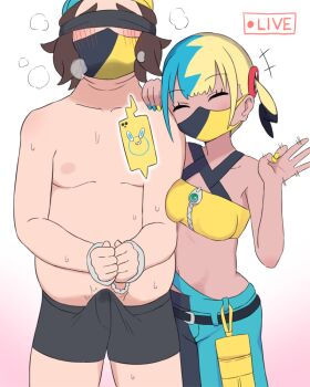 1boy 1girl ^_^ black_male_underwear black_pants blindfold blonde_hair blue_hair blue_pants breasts bubukka bulge canari_(pokemon) character_request closed_eyes commentary_request cuffs erection erection_under_clothes gen_4_pokemon handcuffs handjob_gesture hetero male_underwear mask medium_breasts mouth_mask multicolored_hair nail_polish navel nintendo pants pokemon pokemon_legends:_z-a rotom rotom_phone short_hair sports_bra twintails two-tone_pants underwear yellow_nails yellow_sports_bra
