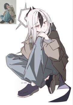 1girl black_hair black_horns black_shoes black_wings blue_archive brown_jacket closed_mouth commentary curled_up ear_ornament grey_halo grey_pants halo hand_on_own_knee head_tilt highres horns jacket kayoko_(blue_archive) looking_at_viewer medium_hair multicolored_hair o_ame_9 pants photo-referenced red_eyes shoes simple_background single_wing solo two-tone_hair untranslatable_commentary white_background white_hair wings