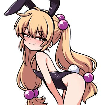 1girl animal_ears ass bent_over black_leotard breasts fake_animal_ears from_side hair_bobbles hair_ornament half-closed_eyes ink_(inksgirls) kodomo_no_jikan kokonoe_rin leaning_forward legs leotard loli long_hair naughty_face playboy_bunny rabbit_ears rabbit_tail small_breasts solo tail thighs twintails very_long_hair white_background