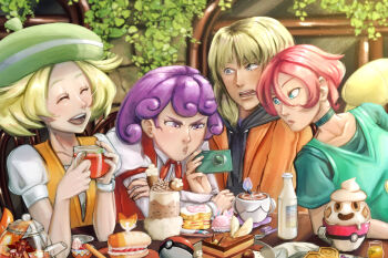 Rule 34 | 1boy, 3girls, absurdres, bianca (pokemon), blonde hair, blue eyes, bottle, buneary, burgundy (pokemon), chair, choker, closed eyes, combee, commentary, cup, dessert, english commentary, food, gen 4 pokemon, gen 5 pokemon, georgia (pokemon), green choker, green hat, green shirt, grey eyes, hair between eyes, hat, highres, holding, holding cup, honey, jacket, laughing, lilligant, litwick, multiple girls, nintendo, orange jacket, owleeve, parted lips, poke ball, pokemon, pokemon (anime), pokemon bw (anime), purple eyes, purple hair, red hair, sandwich, shirt, short hair, short sleeves, sitting, teacup, teapot, unworn hat, unworn headwear, vanillite, wristband