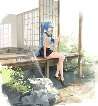 1girl absurdres bare_legs black_sailor_collar black_skirt blue_hair blue_neckerchief breasts brown_shoes choyeon closed_mouth commentary_request crop_top crop_top_overhang full_body grey_eyes halo hand_up highres korean_commentary large_breasts loafers long_hair looking_at_viewer low_wings midriff mini_wings miniskirt navel neckerchief original sailor_collar school_uniform see-through_silhouette serafuku shirt shoes short_sleeves sitting skirt smile solo thighs transparent transparent_umbrella twintails umbrella veranda very_long_hair white_shirt wings