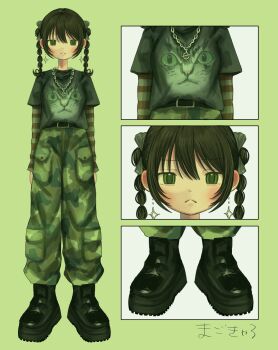 Rule 34 | 1girl, belt, black boots, black hair, boots, camouflage, camouflage pants, green eyes, highres, magochamu, original, pants, shirt, solo, striped clothes, striped shirt