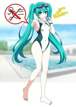 Rule 34 | 1girl, absurdres, aqua eyes, aqua hair, aqua nails, barefoot, breasts, competition swimsuit, covered navel, full body, goggles, goggles on head, hatsune miku, highleg, highleg one-piece swimsuit, highres, holding, holding whistle, lifeguard, long hair, multicolored swimsuit, nail polish, one-piece swimsuit, pointing, pool, small breasts, solo, speech bubble, swimsuit, toenail polish, toenails, twintails, vocaloid, whistle, white one-piece swimsuit, yurizuku owl