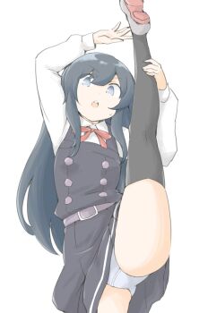 1girl akara_kai asashio_(kancolle) asashio_kai_ni_(kancolle) belt black_dress black_hair black_thighhighs blue_eyes blush bow bowtie buttons dress flexible highres kantai_collection leg_lift leg_up long_hair long_sleeves looking_at_viewer neck_ribbon open_mouth pinafore_dress red_bow red_bowtie red_ribbon ribbon school_uniform shirt shoes simple_background sleeveless sleeveless_dress solo split standing standing_on_one_leg standing_split sweatdrop thighhighs white_background white_shirt