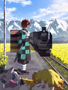 3boys agatsuma_zenitsu anger_vein boar_mask checkered_haori cloud commentary_request day demon_slayer_uniform earrings fighting full_body hanafuda_earrings haori hashibira_inosuke highres japanese_clothes jewelry kamado_tanjirou kimetsu_no_yaiba kishimen_hair locomotive looking_to_the_side macchavanilla male_focus mountain multiple_boys outdoors railroad_tracks red_hair sandals short_hair simple_bird sky standing train train_station train_station_platform triangle_print wooden_box yellow_haori