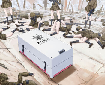 6+girls absurdres after_battle ahoge black_gloves black_neckerchief black_panties black_socks blue_archive box commentary_request defeat fingerless_gloves gloves green_serafuku gun helmet highres holding holding_gun holding_weapon in_box in_container kumachi_(aikawaakeya) long_hair lying military_uniform multiple_girls neckerchief on_stomach panties plaid_clothes pleated_skirt school_uniform serafuku shirt shoes skindentation skirt sneakers socks spread_legs underwear weapon