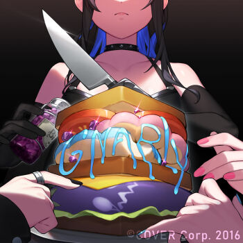 4girls album_cover black_gloves black_hair black_shirt blue_hair blue_nails closed_mouth colored_inner_hair commentary copyright_notice cover dasdokter donut elbow_gloves english_commentary food fuwawa_abyssgard gloves head_out_of_frame highres holding holding_knife hololive hololive_english katseye kitchen_knife knife mococo_abyssgard multicolored_hair multiple_girls nail_polish nerissa_ravencroft official_art pink_nails pon_de_ring ponytail sandwich shiori_novella shirt sleeveless sleeveless_shirt solo_focus virtual_youtuber yorick_(shiori_novella)