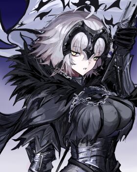 1girl absurdres armor armored_dress black_cloak black_dress breast_curtains breasts chain cloak collar dress fate/grand_order fate_(series) flag fur-trimmed_cloak fur_trim gauntlets grey_hair headpiece highres jeanne_d&#039;arc_alter_(avenger)_(fate) jeanne_d&#039;arc_alter_(avenger)_(first_ascension)_(fate) jeanne_d&#039;arc_alter_(fate) large_breasts looking_at_viewer metal_collar plackart polearm short_hair solo tiritumo_21 weapon yellow_eyes