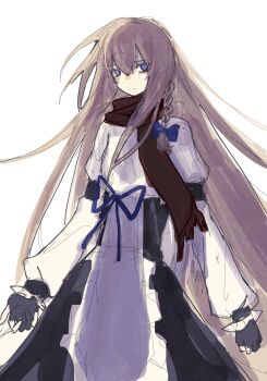 1girl bags_under_eyes black_gloves black_skirt blonde_hair blue_bow blue_ribbon bow braid brown_scarf closed_mouth commentary cookie_(touhou) cowboy_shot expressionless gloves hair_between_eyes hair_bow high-waist_skirt highres juliet_sleeves kirisame_marisa long_hair long_sleeves looking_at_viewer mars_(cookie) partially_fingerless_gloves puffy_sleeves ribbon scarf shirt side_braid simple_background single_braid sixsec6ndzlater skirt solo touhou very_long_hair white_background white_shirt