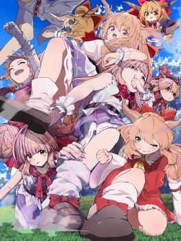 1girl :p ^_^ absurdres aoi_1013ss artist_collaboration ascot bandaged_arm bandages bare_legs belt blue_overskirt blush bow bowtie brown_hair brown_shoes chest_sarashi chibi chibi_inset closed_eyes collage cosplay detached_sleeves double_bun fang fingernails footwear_bow frilled_wristband grass hair_bow hair_bun hakurei_reimu hakurei_reimu_(cosplay) highres horns huge_hair_bun ibuki_suika looking_ahead looking_at_viewer multiple_persona nail_polish oni outdoors red_bow red_bowtie red_shirt red_skirt rubbing_nose sarashi shirt shoes skin_fang skirt sleeveless sleeveless_shirt smile socks sunglasses tongue tongue_out touhou white_shirt white_skirt white_socks yellow_ascot yuara