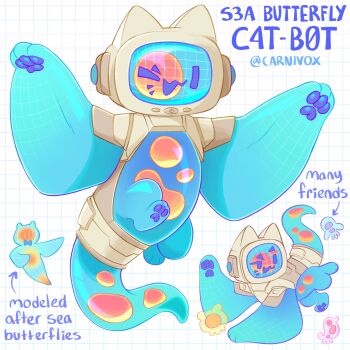 adoptable animal animal_focus carnivox commentary creature creature_focus crt english_commentary english_text frutiger_aero full_body highres jellyfish lava_lamp monitor multiple_views no_humans non-humanoid_robot one_eye_closed open_mouth original pawpads robot robot_animal robot_cat sea_angel sea_slug