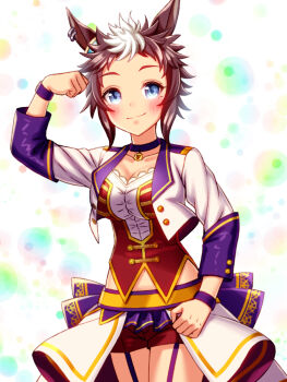 1girl animal_ears blue_eyes blush bodice breasts brown_hair choker cleavage closed_mouth collarbone commentary_request corset cropped_jacket ear_ornament ear_piercing flexing garter_straps highres horse_ears horse_girl jacket large_breasts long_sleeves looking_at_viewer mejiro_ryan_(umamusume) midriff_peek multicolored_hair navel no_tail overskirt pendant_choker piercing purple_choker purple_garter_straps red_corset red_shorts shirt short_hair shorts smile solo starting_future_(umamusume) sugimotty_nova two-tone_hair umamusume white_hair white_jacket white_shirt wristband