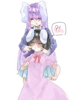 ! !? 2girls ? animal_ears blazer breasts collared_shirt dress hand_on_another&#039;s_cheek hand_on_another&#039;s_face highres inaba_tewi jacket long_hair medium_breasts multiple_girls pink_dress purple_hair rabbit_ears reisen_udongein_inaba shirt short_sleeves speech_bubble spoken_exclamation_mark spoken_question_mark touhou very_long_hair white_background white_shirt yamano_koucha