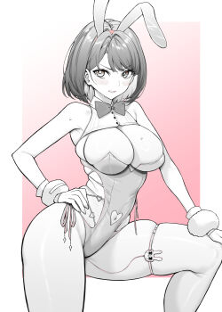 1girl animal_ears blush bow bowtie breasts cleavage clothing_cutout commentary_request fake_animal_ears feet_out_of_frame goddess_of_victory:_nikke hairband hand_on_own_hip hand_on_own_knee heart_cutout highres large_breasts leg_up milk_(blooming_bunny)_(nikke) milk_(nikke) monochrome mushi024 navel navel_cutout parted_lips pink_background playboy_bunny rabbit_ears red_hairband short_hair skindentation solo spot_color sweat thigh_strap v-shaped_eyebrows wavy_mouth